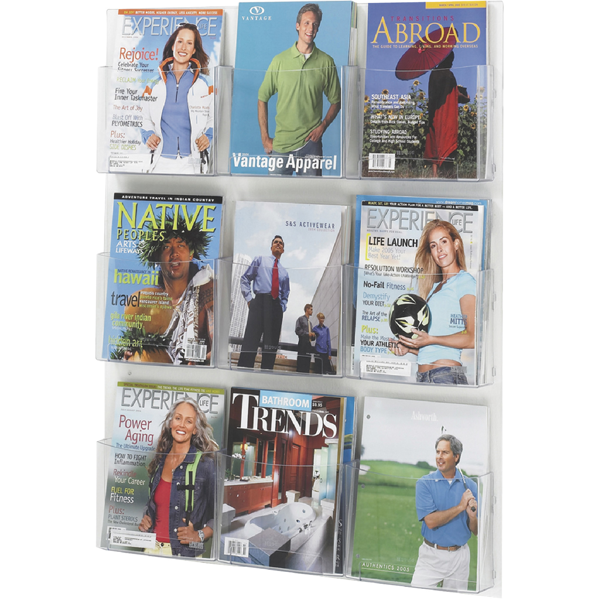 Safco Clear2 9-Magazine Display, Clear, 29in.W x 3in.D x 36in.H, Model# 5665CL